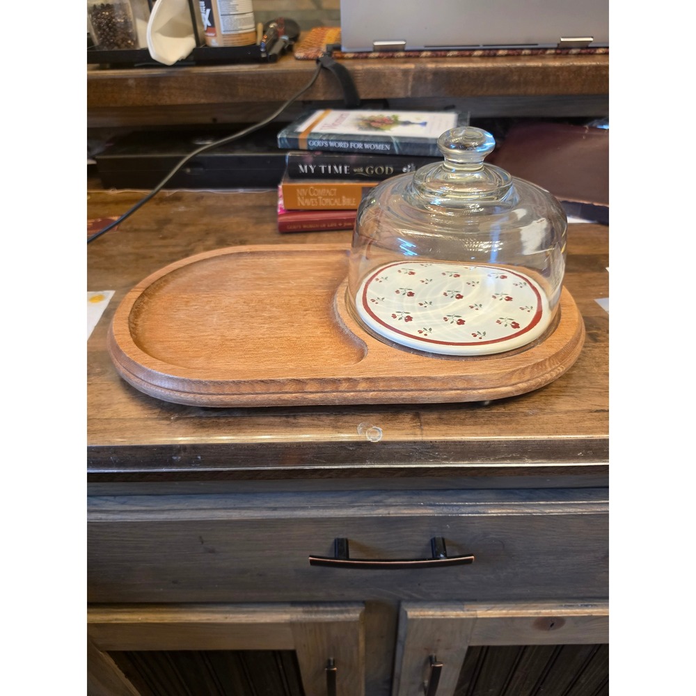 Vintage Goodwood Cheese Board Cracker Tray Wood Ceramic Floral Glass Dome Set